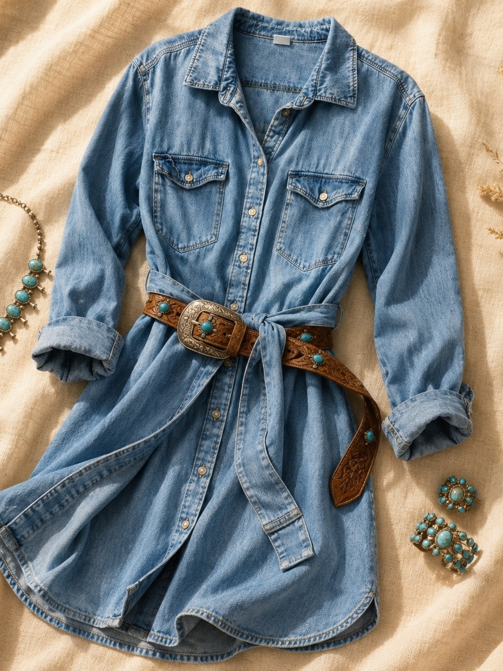 &Denim Denim Shirt Dress Medium Belted Chambray Western Casual Cotton